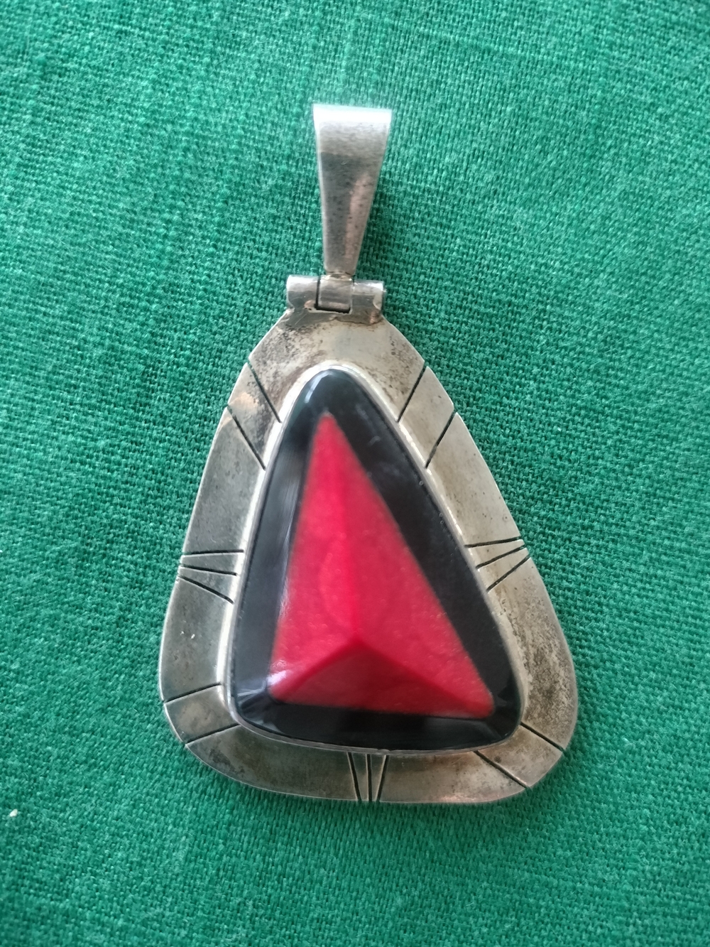 Sterling Silver Pendant Necklace with Red and Black Inlay